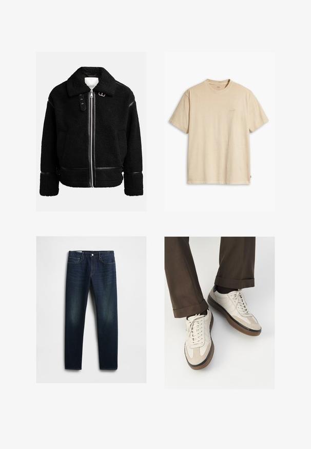 Črna flis jakna z zadrgo, širokim ovratnikom in usnjenimi dodatki na pasu in zapestjih. Ima teksturiran zaključek.; Bež majica s kratkimi rokavi iz bombaža z okroglim izrezom. Na prsih ima subtilen logotip "Levi's" v isti barvi. Mehka tekstura.; Temno modre kavbojke z ravnim krojem, opremljene s petimi žepi, gumbom za zapiranje in subtilnim bledežem na stegnih. Klasični detajl šivanja.; Bež teniske z teksturiranim prednjim delom iz usnja, gladkimi kožnimi stranicami in rjavo gumijasto podplatom. Vključene vezalke in svetla šivana detajla.