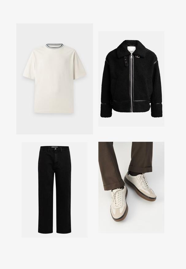 Zwarte fleecejack met een ritsluiting, brede kraag en leren accenten bij de taille en mouwen. Heeft een gestructureerde afwerking.; Crème-kleurige katoenen t-shirt met korte mouwen, met een ronde halslijn die is accentueerd met marineblauwe en witte strepen. Soepele textuur, ontspannen pasvorm.; Zwarte denim broeken met een rechte pijp, klassieke vijf-pocket structuur en een knoopsluiting in de taille. Glad materiaal en duurzame stof.; Beige sneakers met een leren voorkant van textuur-suède, gladde leren zijkanten en een bruine rubberen zool. Veters en lichte stikseldetails inbegrepen.
