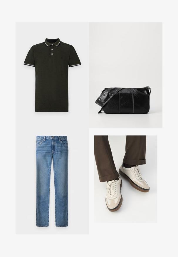 Jaqueta de fleece preta com fecho e zíper, colarinho largo e detalhes em couro na cintura e punhos. Apresenta um acabamento texturizado.; Polo de cor verde escuro feito de tecido texturizado. Apresenta um fecho de botão em duas peças, colarinho e punhos das mangas com riscas contrastantes em branco e azul marinho.; Jeans de ganga azul claro, design de pernas retas, cinco bolsos, fecho com botão de metal, textura desbotada com leve padrão de desgaste na parte da frente.; Tênis bege com frente em camurça texturizada, lados em couro liso e sola em borracha marrom. Inclui cadarços e detalhes de costura clara.; Bolsa de ombro em couro preto com fecho em zíper, apresentando um corpo texturizado, costura branca e uma alça com ilhós prateados.