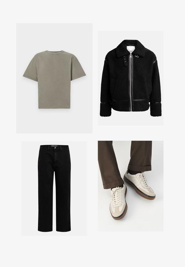 Μαύρο φλις σακάκι με κλείσιμο φερμουάρ, φαρδύ γιακά και δερμάτινες λεπτομέρειες στη μέση και στους μανικιών. Διαθέτει υφή με υφή.; T-shirt κοντομάνικο, με στρογγυλό λαιμό σε ήπιο πράσινο χρώμα. Φτιαγμένο από μαλακό βαμβάκι με λεία υφή και καθαρές άκρες. Χωρίς εμφανή λογότυπα ή σχέδια.; Μαύρο τζιν παντελόνι με ίσια γραμμή, κλασικό σχέδιο πέντε τσεπών και κουμπί στη μέση. Λείος υφή και ανθεκτικό ύφασμα.; Μπεζ αθλητικά παπούτσια με υφή από σουέτ μπροστά, λεία δερμάτινα πλαϊνά και καουτσούκ καφέ σόλα. Περιλαμβάνονται κορδόνια και λεπτομέρειες ραφής σε ανοιχτό χρώμα.