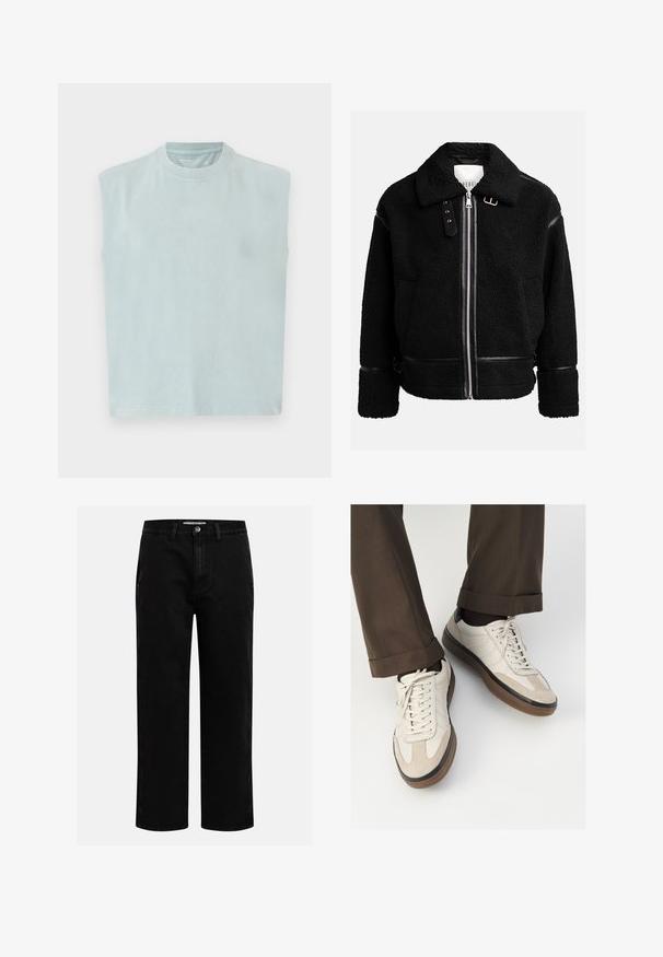 Crna flis jakna sa zatvaračem, širokim ovratnikom i kožnim detaljima na struku i manžetama. Ima teksturiranu površinu.; Svijetloplava bezrukavna majica s okruglim izrezom, izrađena od mekog materijala, s ravnim krojem i minimalističkim dizajnom.; Crne traperice ravnog kroja s klasičnim dizajnom s pet džepova i kopčanjem na dugme u struku. Glatka tekstura i izdržljiv materijal.; Bež tenisice s teksturiranom nubuk prednjom stranom, glatkim kožnim bočnim stranama i smešnim gumenim potplatom. Uključene su vezice i lagani detalji šivanja.