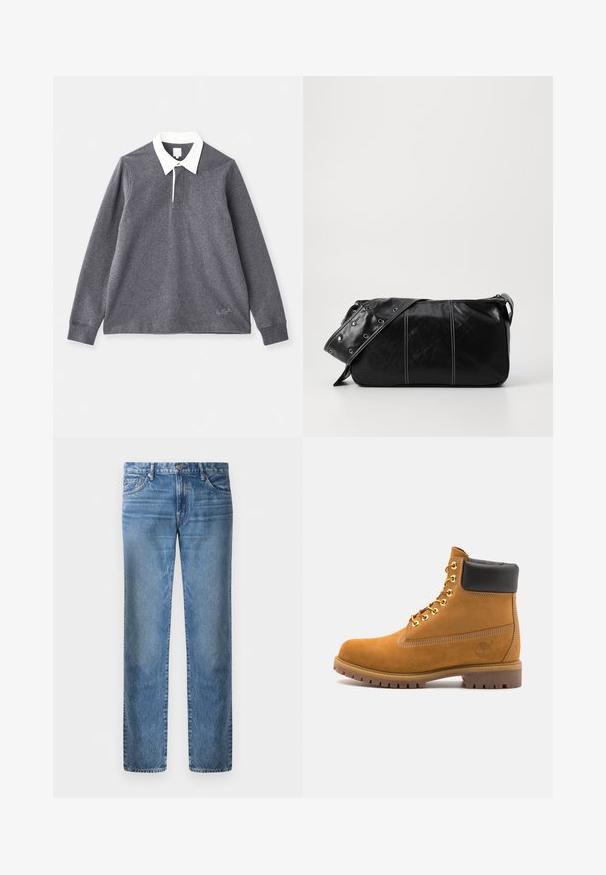 Black fleece jacket with a zip closure, wide collar, and leather accents at the waist and cuffs. Features a textured finish.; Gray long-sleeve polo shirt made of cotton blend with a white collar. Features a button placket and embroidered logo on the hem.; Light blue denim jeans, straight-leg design, five pockets, metal button closure, faded texture with slight wear pattern on the front.; Tan suede ankle boot with black padded collar, gold metal eyelets, white stitching detailing, and rugged rubber sole with pronounced treads.; Black leather shoulder bag with a zip closure, featuring a textured body, white stitching, and a strap with silver grommets.