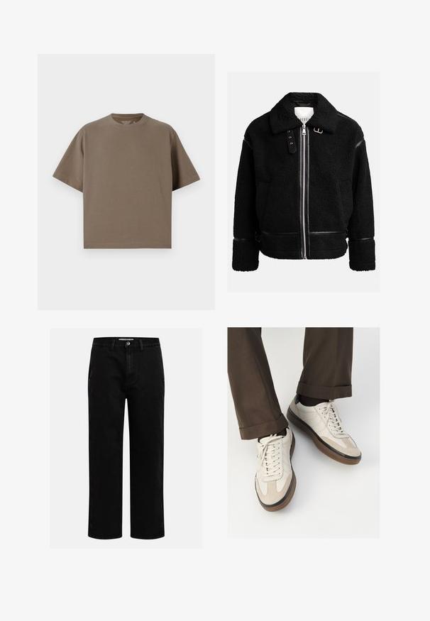 Giacca di pile nera con chiusura a zip, colletto ampio e dettagli in pelle in vita e ai polsi. Presenta una finitura testurizzata.; T-shirt marrone a maniche corte realizzato in tessuto morbido con scollatura rotonda. Presenta una vestibilità rilassata e dettagli semplici sull'orlo.; Pantaloni in denim nero con taglio dritto, design classico a cinque tasche e chiusura con bottone in vita. Tessuto liscio e materiale resistente.; Sneakers beige con una parte anteriore in suede testurizzato, lati in pelle liscia e una suola in gomma marrone. Inclusi lacci e dettagli di cucitura leggera.