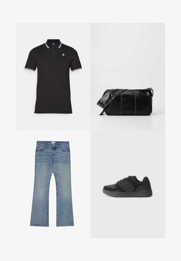 Melna vilnas jaka ar rāvējslēdzi, plata apkakle un ādas akcenti jostas vietā un piedurknēs. Iespējama teksturēta apdare.; Melna polo krekls izgatavots no kokvilnas, ar baltām svītrām apkaklē un piedurknēs; uz krūšu ir maza logo.; Gaiši zilas denim bikses ar uzšūtu kāju dizainu, kas iezīmē klasisko piecu kabatu stilu un pogu aizdari jostasvietā.; Melnas sporta kurpes ar teksturētu augšpusi, kas izgatavota no zamšas un sieta akcentiem, mīkstu apkakli un gumijas zoli ar protektora rakstu.; Melnas ādas plecu soma ar rāvējslēdzēja aizdari, ar teksturētu virsmu, baltu dūrienu un siksnu ar sudraba iekavām.