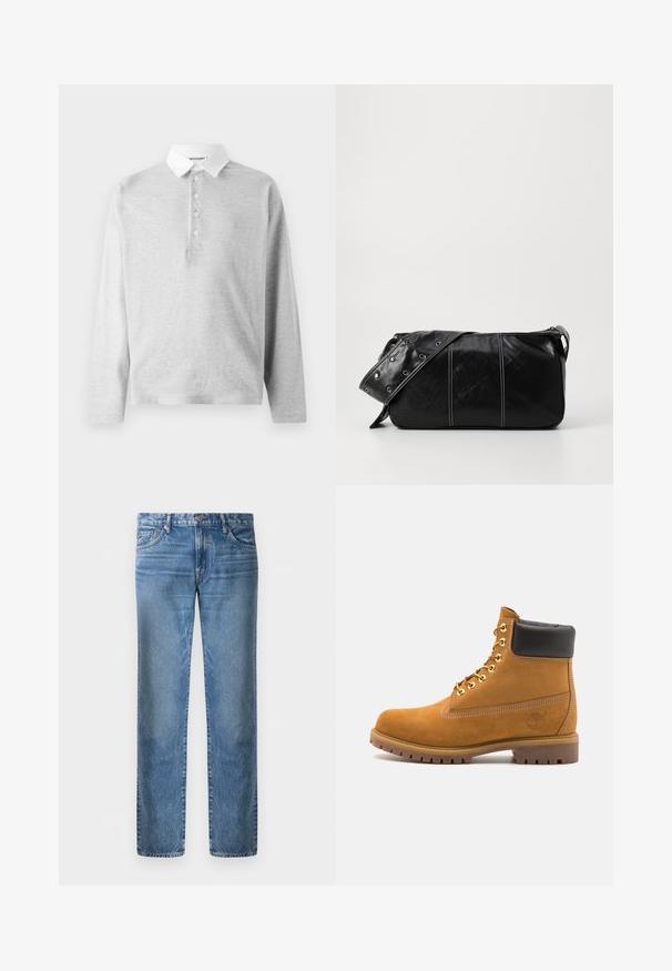 Černá fleecová bunda se zipovým uzávěrem, širokým límcem a koženými detaily na pase a manžetách. Obsahuje texturovaný povrch.; Světle šedá polokošile s dlouhým rukávem vyrobená z měkké tkaniny, s bílým límečkem a čtyřknoflíkovou légou. Hladká textura, neformální design.; Světle modré džíny, rovný střih, pět kapes, kovové zapínání na knoflík, opraný vzhled s mírným opotřebením na přední straně.; Hnědé semišové kotníkové boty s černým polstrovaným límcem, zlatými kovovými očky, bílým prošíváním a odolnou gumovou podrážkou s výraznými drážkami.; Černá kožená kabelka přes rameno se zapínáním na zip, s texturovaným tělem, bílým prošíváním a popruhem se stříbrnými očky.