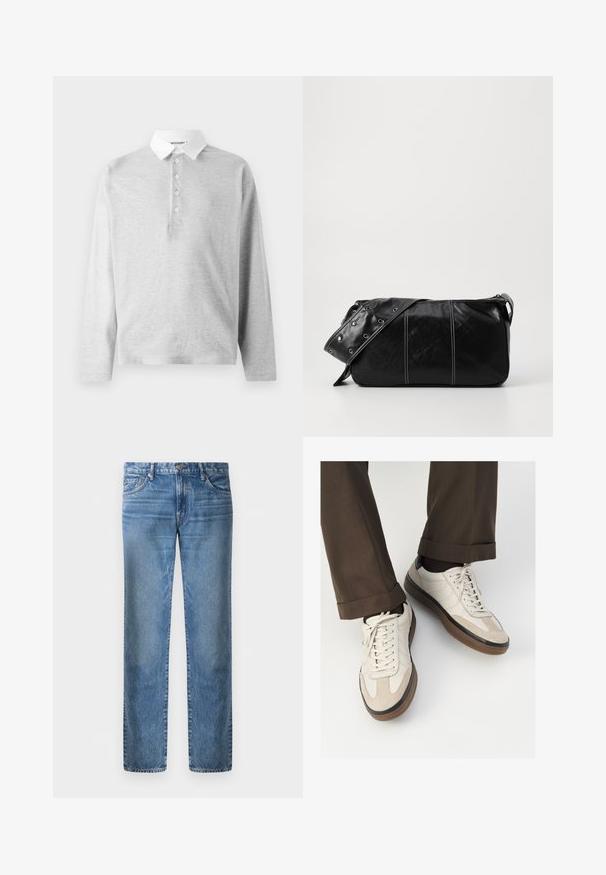 Jaqueta de fleece preta com fecho e zíper, colarinho largo e detalhes em couro na cintura e punhos. Apresenta um acabamento texturizado.; Polo de manga longa cinza-claro feito de tecido macio, com um colarinho branco e uma pala com quatro botões. Textura suave, design casual.; Jeans de ganga azul claro, design de pernas retas, cinco bolsos, fecho com botão de metal, textura desbotada com leve padrão de desgaste na parte da frente.; Tênis bege com frente em camurça texturizada, lados em couro liso e sola em borracha marrom. Inclui cadarços e detalhes de costura clara.; Bolsa de ombro em couro preto com fecho em zíper, apresentando um corpo texturizado, costura branca e uma alça com ilhós prateados.