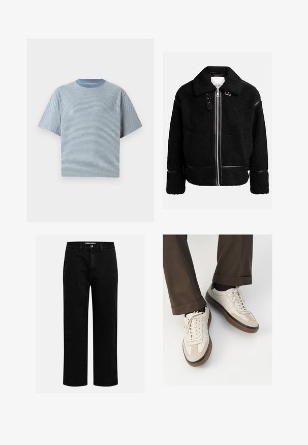 Mustmust jakk musta värvi, millel on tõmblukk, lai krae ja nahast detailid vöökoha ja varrukaotsades. Omab tekstureeritud viimistlust.; Röstripuline T-särk helesinises ja valges, lühikeste varrukatega, ümmarguse kaelusega, pehmest puuvillast materjalist, millel on lõdva istuvuse omadus.; Mustad denim püksid sirge jala kujundiga, klassikaline viie tasku disain ja nööbid kinniuisutamisel. Sile tekstuur ja vastupidav kangas.; Bežid spordijalised, millel on tekstuuriga suede esiosa, siledast nahast küljed ja pruun kummitald. Lisatud on paelad ja heledad õmbluse detailid.