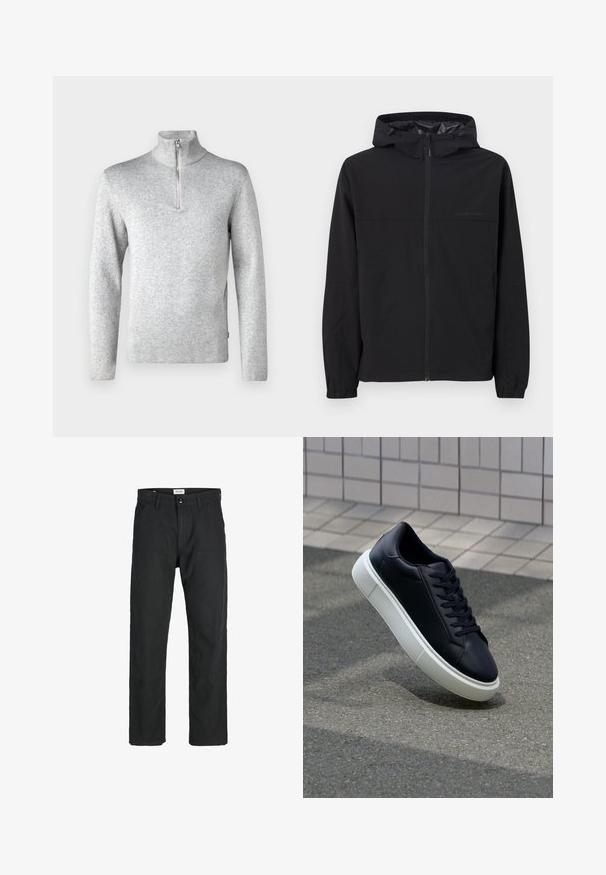 Melna vējjakas mētelis ar kapuci, ar priekšējo rāvējslēdzēju, elastīgām piedurknēm un logotipa detaļu. Izgatavots no viegla, gluda auduma.; Jack & Jones PREMIUM JPRBLAMILANO HALF ZIP - Džemperis - light grey melange; Melnas bikses no izturīga auduma, ar taisna griezuma dizainu, izšūtām akcentiem un divām priekšējām kabatām funkcionālitātei.; Melnas ādas kedas ar noapaļotu pirkstu un baltu gumijas zoli. Iespējas - plakanas šņorītes un minimāla apdare augšdaļā. Struktūrēta zole, lai nodrošinātu saķeri.