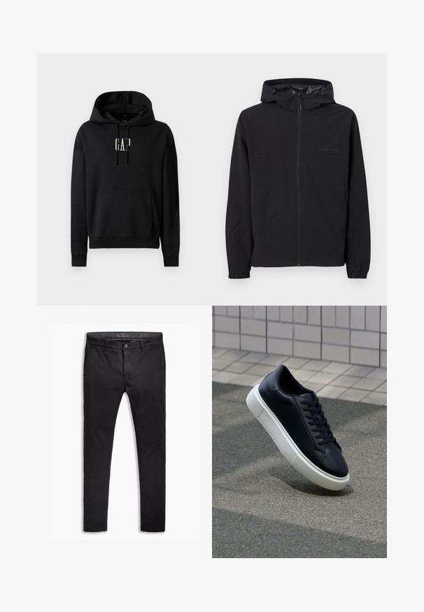 Čierna vetrovka s kapucňou, s predným zipsom, elastickými manžetami a detailom loga. Vyrobená z ľahkej, hladkej tkaniny.; Čierna mikina s kapucňou vyrobená z fleece materiálu, s predným vreckom, rebrovanými manžetami a bielym logom "GAP" na hrudi.; Čierne bavlnené chinos nohavice so zúženým strihom, ktoré majú päť vreciek, pútka na opasok a hladký povrch. Zips s gombíkovým zapínaním.; Čierne kožené tenisky s okrúhlou špičkou a bielou gumovou podrážkou. Majú ploché šnúrky a minimálne šitie na vrchu. Textúrovaná podrážka pre lepšiu priľnavosť.