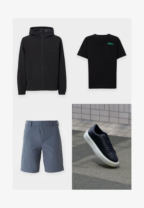 Giacca a vento nera con cappuccio, dotata di zip frontale, polsini elastici e dettaglio del logo. Realizzata in tessuto leggero e liscio.; T-shirt nera in cotone con maniche corte. Presenta un logo verde "ROOTS" sulla parte frontale, colletto rotondo e vestibilità standard.; Pantaloni corti grigi, lunghezza ginocchio, realizzati in tessuto leggero; presentano una chiusura con bottone, passanti per cintura e tasche laterali con una texture liscia.; Sneaker in pelle nera con punta arrotondata e suola in gomma bianca. Presenta lacci piatti e cuciture minime sulla parte superiore. Suola testurizzata per una migliore aderenza.