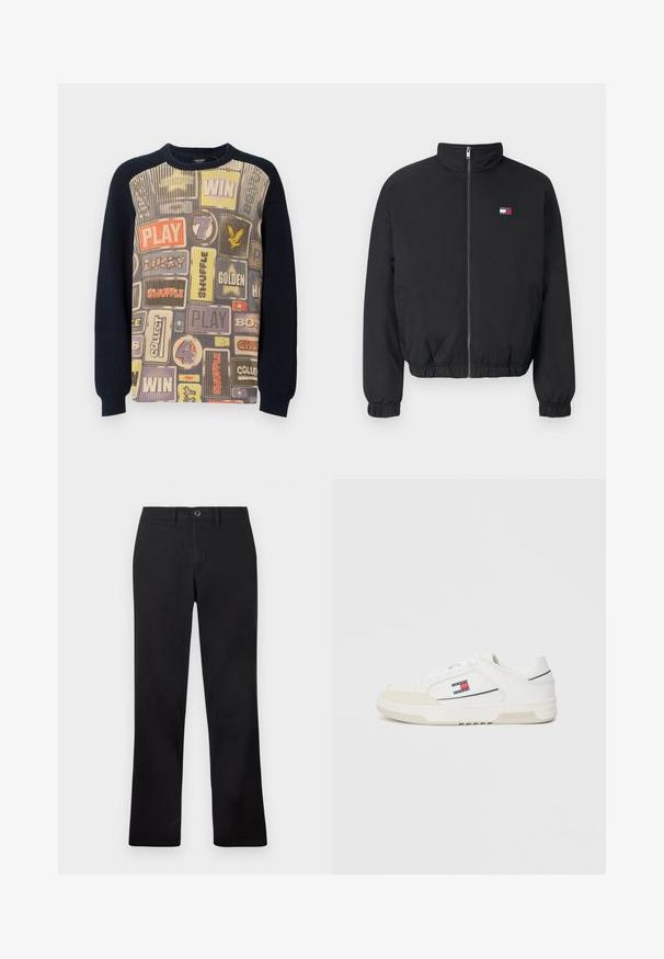 Črn bomberski jopič z visokim ovratnikom, sprednjim zadrgo, elastičnimi manšetami in robom. Ima majhen logotip v rdeči, beli in modri barvi.; Pletena jopica z vzorčastim sprednjim delom, ki vsebuje grafike z igrami v različnih barvah, ter temno mornarsko rebrasto pleteno hrbtno stran in rokave.; Črne hlače postavljene na belo ozadje, z naravnim krojem in gumbnim zapiranjem na pasu.; Bela športna obutev iz gladkega usnja z nubuk prednjim delom, z majhnim rdečim, belim in modrim logotipom ob strani ter teksturiranim podplatom.