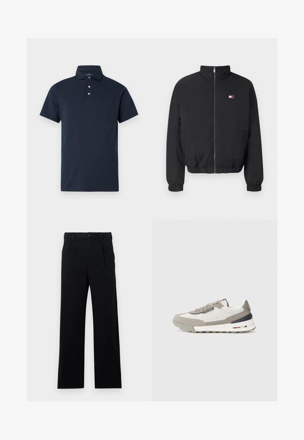 Melna bumbiera jaka ar augstu apkakli, priekšējo rāvējslēdzēju, elastīgām aprocēm un apakšmalu. Iezīmēta ar mazu logotipu sarkanā, baltā un zila krāsā.; Tumši zils polo krekls no gludas kokvilnas auduma maisījuma. Īsām piedurknēm, trīs pogu aizdare un bez redzamām rakstām vai logotipiem.; Melnas pielāgotas bikses, kas izgatavotas no kokvilnas; ar plakanu priekšpusi, redzamām šuvēm un taisnu kāju griezumu. Pogas aizdare viduklī.; Pelēkas un baltas kedas, kurām ir sajaukums no zamšas un tekstila. Pretēju jūras zila un sarkana akcenti, ar teksturētu gumijas zoli un auklām.