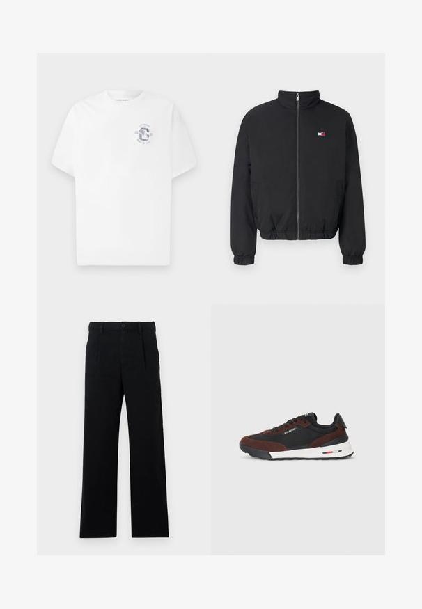 Czarna kurtka bombowa z wysokim kołnierzem, zamek z przodu, elastyczne mankiety i dół. Posiada małe logo w kolorach czerwonym, białym i niebieskim.; Biała koszulka z krótkim rękawem i okrągłym dekoltem z małym niebieskim nadrukiem po lewej stronie piersi, na którym znajduje się napis "Los Angeles CA 1981 Track & Field".; Czarne, dopasowane spodnie wykonane z bawełny; posiadają gładki przód, widoczne szwy i prostą nogawkę. Zapięcie na guzik w talii.; Tommy Hilfiger RETRO RUNNER MIX czarny