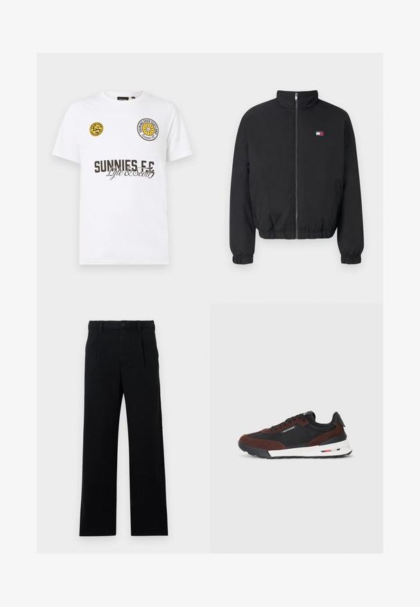 Melna bumbiera jaka ar augstu apkakli, priekšējo rāvējslēdzēju, elastīgām aprocēm un apakšmalu. Iezīmēta ar mazu logotipu sarkanā, baltā un zila krāsā.; Balta kokvilnas T-kreklu ar apaļu kakla izgriezumu. Uz krūtīm atrodas dzelteni un melni apļveida logotipi un teksts "SUNNIES F.C." brūnā krāsā.; Melnas pielāgotas bikses, kas izgatavotas no kokvilnas; ar plakanu priekšpusi, redzamām šuvēm un taisnu kāju griezumu. Pogas aizdare viduklī.; Tommy Hilfiger RETRO RUNNER MIX - Treniņu apavi - black/cocoa