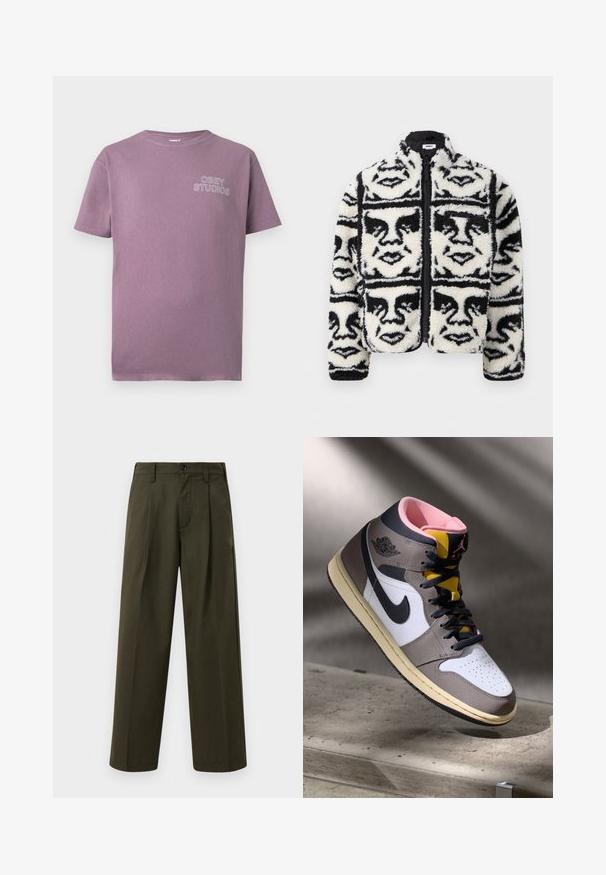 Chlupatá černobílá zipová bunda se opakujícím se grafickým vzorem obličejů. Vyrobena z měkkého, strukturovaného fleecu.; Fialové bavlněné tričko s kulatým výstřihem a krátkými rukávy. Na levé hrudi je vyšité "OBEY STUDIOS" v bílé barvě.; Olivově zelené široké kalhoty vyrobené z bavlny se hladkou texturou, s přední kapsou, poutky na pásek a jedním knoflíkem na zapínání.; Bílé, šedé a černé vysoké tenisky Nike Air Jordan s růžovým interiérem a žlutým jazykem, umístěné na betonovém povrchu.
