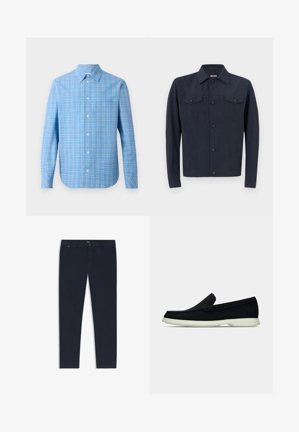 Navy jacket made of lightweight fabric, featuring a classic collar, button-up front, two chest pockets, and long sleeves.; Light blue plaid button-up shirt with long sleeves, collared neck, and single chest pocket. Features white and black grid accents.; Navy blue trousers made of lightweight fabric, featuring a straight leg design, side pockets, and a front button closure with branding detail.; Black slip-on shoe with a rounded toe, featuring a textured upper, smooth white sole, and subtle branding detail on the side.
