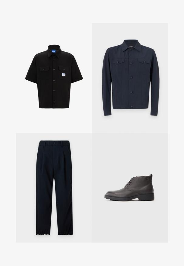 Navy jacket made of lightweight fabric, featuring a classic collar, button-up front, two chest pockets, and long sleeves.; Black short-sleeve shirt with a structured collar, two front pockets, button closure, and a small blue and white logo tag on the left side.; Navy blue trousers made of smooth fabric, featuring a fitted waist with elastic and a tapered leg with elastic cuffs at the ankles.; Black leather ankle boots with textured finish, round toe, lace closure, and a low, sturdy rubber sole. Features logo detail on side.