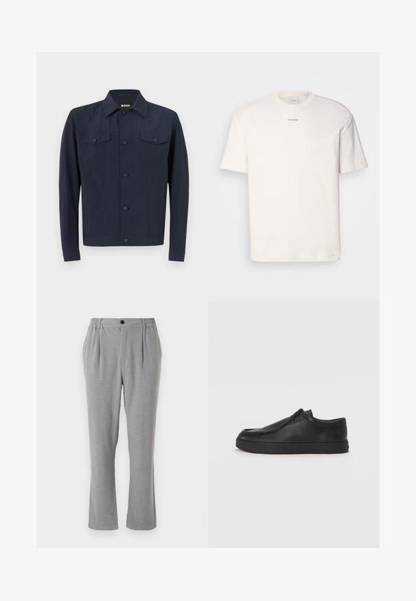 Jūras spēku jaka, kas izgatavota no viegla auduma, ar klasisku apkakli, pogām aizdarāmu priekšu, divām krūšu kabatām un garām piedurknēm.; Balta kokvilnas T-kreklu ar apaļu kaklu, īsām piedurknēm un izšūtu "Calvin Klein" logotipu krūšu centrā. Vienkāršs dizains.; Pelēki bikses ar teksturētu audumu, ar pogu aizdari un elastīgu jostu. Tiešas kājas dizains ar sānu krokām.; Melnas ādas slip-on kurpes ar noapaļotu purngalu, šūšanas detaļām un melnu gumijas zoli. Gluda tekstūra ar minimālistisku dizainu.