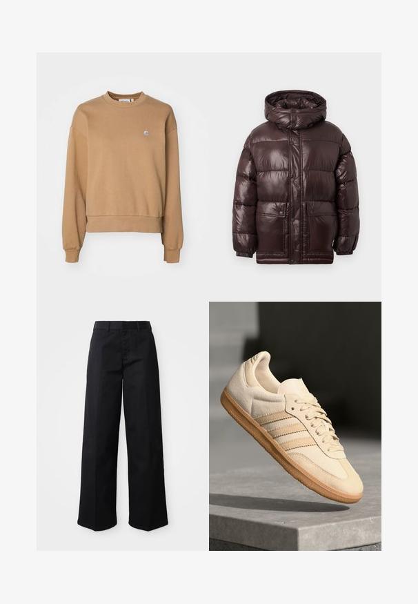 Brązowa kurtka puchowa o błyszczącej powierzchni, z wysokim kołnierzem, zatrzaskami i dwoma przednimi kieszeniami. Posiada kaptur i elastyczne mankiety.; Carhartt WIP CASEY jasny brąz; Czarne szerokie spodnie wykonane z miękkiej bawełnianej tkaniny. Posiadają klasyczną talię, boczne kieszenie oraz prosty krój do dołu.; Jasno beżowe zamszowe sneakersy z gumową podeszwą, trzema skośnymi paskami i teksturowanym noskiem. Zawierają logo na języku i boku.