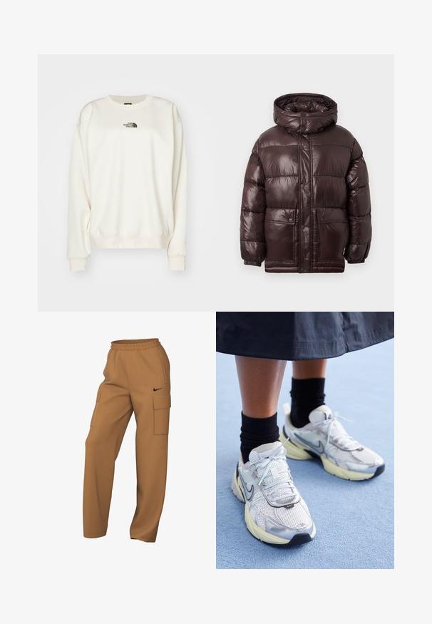 Brown puffer jacket with a shiny finish, a high collar, snap buttons, and two front pockets. Features a hood and elastic cuffs.; The North Face ESSENTIAL OVERSIZE CREW - Sweatshirt - white dune; Brown cargo pants made of fabric, featuring two side pockets and an elastic waistband with a black logo accent. Straight-leg design.; White and silver Nike sneakers with mesh fabric, reflective accents, and a beige sole. Worn with black socks, standing on a blue surface.