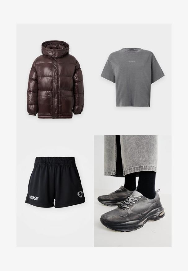 Casaco puffer castanho com acabamento brilhante, gola alta, botões de pressão e dois bolsos frontais. Apresenta capuz e punhos elásticos.; T-shirt curta cinza de manga curta com gola redonda e pequeno logótipo branco "carhartt" centrado na parte da frente.; Calções atléticos pretos feitos de um tecido macio e leve. Apresentam uma cinta elástica e o logotipo da Nike impresso na perna esquerda.; Sapatilhas atléticas pretas e cinzentas apresentam um upper em malha, solas espessas e atacadores. Têm um bico arredondado e detalhes de amortecimento visíveis.