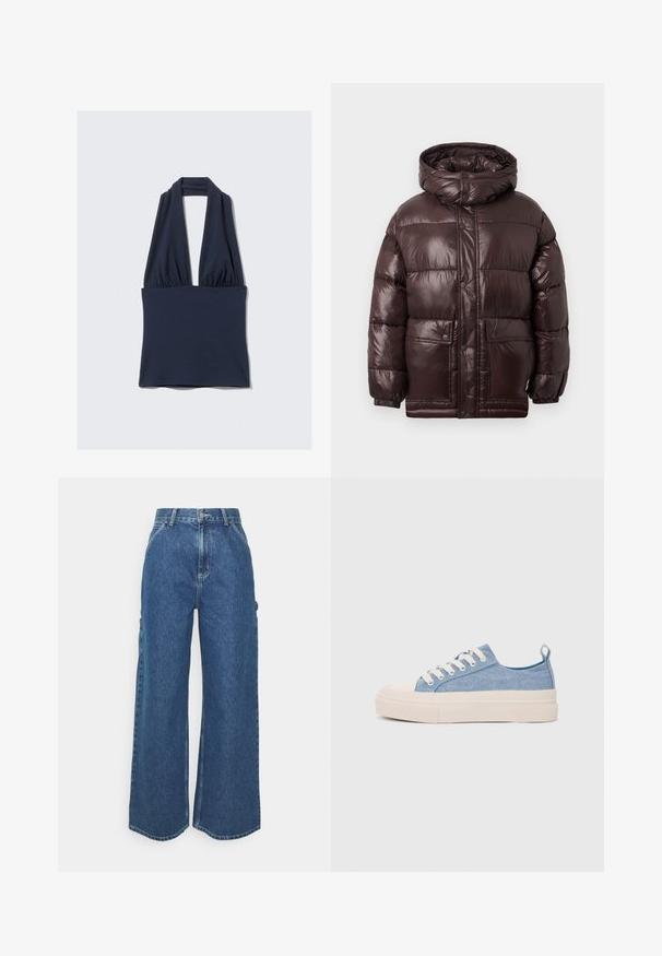 Brūna pūkainā jaka ar spīdīgu apdari, augstu apkakli, snap pogām un divām priekšējām kabatām. Aprīkota ar kapuci un elastīgām aprocēm.; Tumši zila haltera tops, izgatavots no mīksta auduma, ar dziļu V veida kakla izgriezumu un saspiestu detaļu viduklī. Gluda tekstūra, minimāls šuvju skaits.; Platleņķa zili džinsi ar augstu jostasvietu, kontrastējošām šuvēm un sānu kabatām, ar klasisku piecu kabatu dizainu un neapstrādātiem malām.; Gaiši zili kanvas sneakeri ar krēmkrāsas gumijas pirksta aizsargu un ārējo zoli, aprīkoti ar baltām šņorēm un cilpu uz papēža.