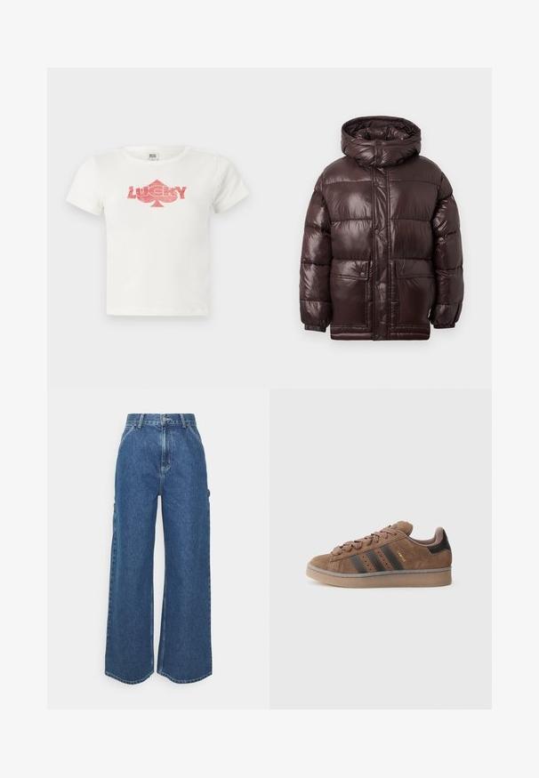 Casaco puffer castanho com acabamento brilhante, gola alta, botões de pressão e dois bolsos frontais. Apresenta capuz e punhos elásticos.; T-shirt de algodão branco com mangas curtas, apresentando uma gráfica de glitter rosa da palavra "LUCKY" e uma forma de espadeiro embaixo.; Calças de ganga azuis de perna larga com cintura alta, costuras em contraste e bolsos laterais, apresentando um design clássico de cinco bolsos e bainhas desfiadas.; Tênis de camurça castanha com três riscas escuras, parte frontal com atacadores texturizados e calcanhar preto contrastante. Conta com sola de borracha e marcação dourada.