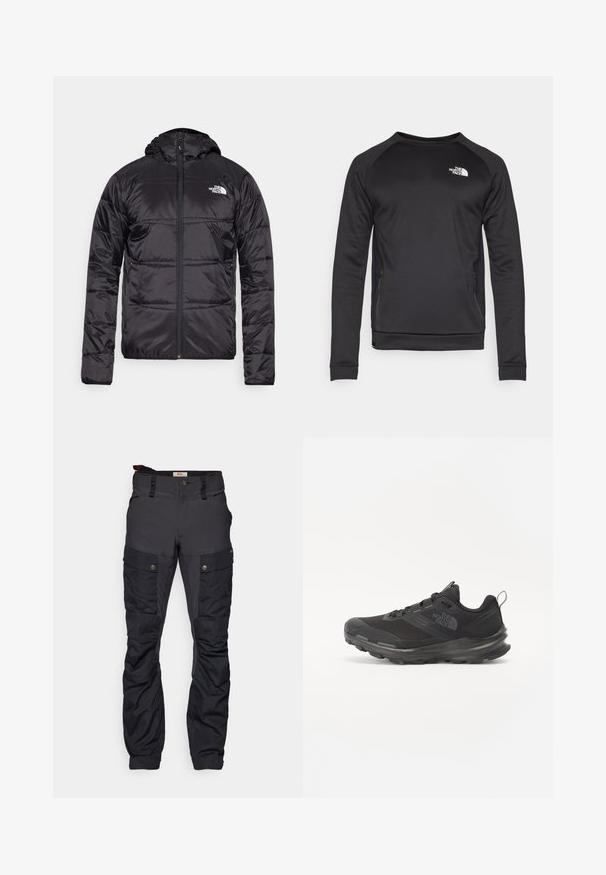 Črna puff jakna s kapuco, prešita zasnova, zadrga in logotip The North Face na levem prsnem delu. Narejena iz lahkega, sijočega materiala.; Črn dolg rokav pulover s kroga ovratnikom, izdelan iz gladkega materiala. Bočni mrežasti paneli za zračnost. Ima bel logo na prsih.; Črne cargo hlače iz mešanice gladkega in teksturiranega blaga, z več žepi in gumbi za zapiranje, primerne za zunanjo rabo.; Črne športne čevlje z mrežastim zgornjim delom, gumijastim podplatom in oblazinjenim ovratnikom. Imajo vezalke, logo na strani in strukturiran dizajn.