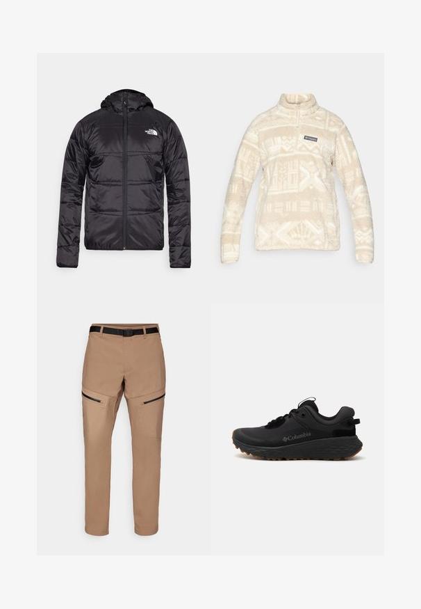 Casaco puffer preto com capuz, design acolchoado, encerramento com fecho zip e o logótipo da North Face no lado esquerdo do peito. Feito de material leve e brilhante.; Pullover de lã com pelo em creme, apresentando um design de meia-zíper, gola alta e padrões geométricos em um tom mais claro; inclui um emblema no peito.; Calças de caminhada bege com corte reto, apresentando bolsos laterais com fecho de correr, um tecido resistente e um cinto preto ajustável na cintura.; Shoe atlético preto da Columbia com uma superfície texturizada, colarinho acolchoado e sola de borracha com um padrão distinto para tração.