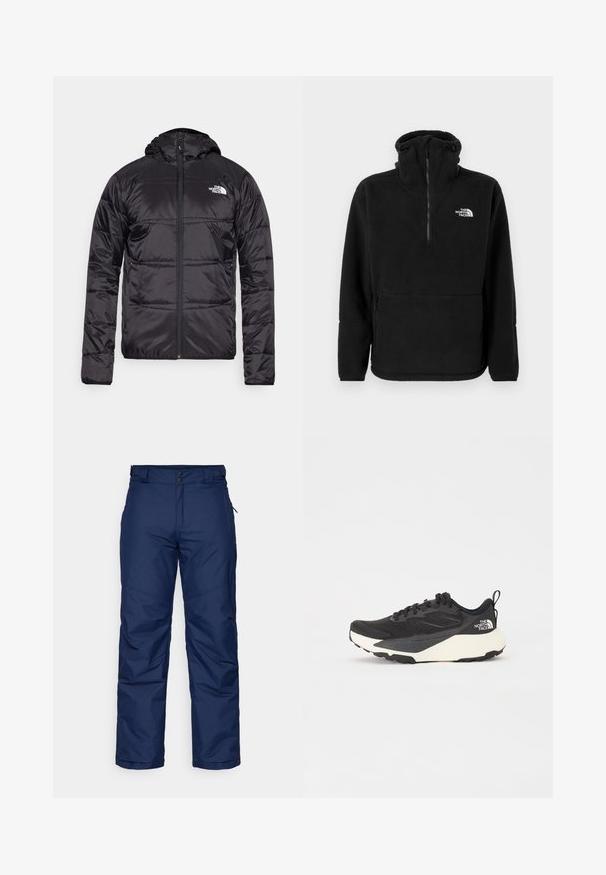Musta puhvjakas kapuutsiga, tikandeid sisaldava disainiga, lukuga ning vasakul rinnal North Face'i logo. Valmistatud kergest, läikivast materjalist.; Must mustangiga poolkaelusega must fliispusa, millel on pooltõmblukk ees, küljetaskud ja valge "The North Face" logo vasakul rinnal.; Tumesinine isoleeritud lumepüksid otse jalgadega disainiga, millel on kaks eesmist nuppu, küljetaskud ja sile tekstuuriga kangas.; Must have musta sportlik king, millel on tekstureeritud võrgu ülemine osa, soliidne mustade aktsentidega ja kerge valge tallaga. Omab kinnituspaelu ja tõmbeaset.