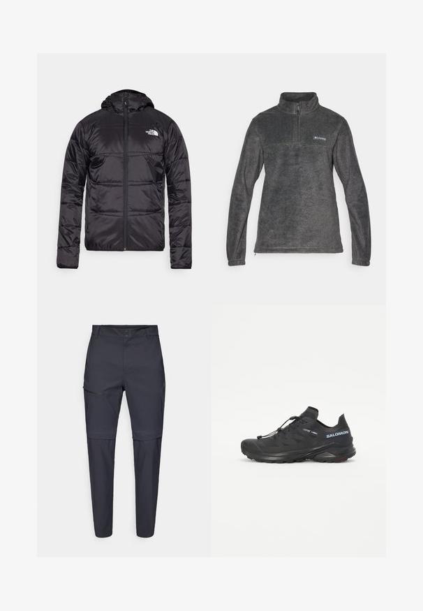 Melnā pūkšķu jaka ar kapuci, ar izšūtu dizainu, ar rāvējslēdzēja aizdari un North Face logotipu uz kreisā krūškurvja. Izgatavota no viegla, spīdīga materiāla.; Pelēks flīsa džemperis ar augstu apkakli, pusgaru rāvējslēdzēju priekšā un garām piedurknēm; uz krūtīm ir neliels logo un tam ir gluda virsma.; Tumši zili, viegli nokrišņi bikses ar rāvējslēdzēja kabatu uz augšstilba un taisnu kāju dizainu; izgatavotas no mīkstas, izturīgas auduma.; Melna taku skriešanas apava ar teksturētu augšdaļu, elastīgām auklām un Contagrip zoli. Iekļauj ciešu piegulšanu un aizsargājošu pirkstu daļu.