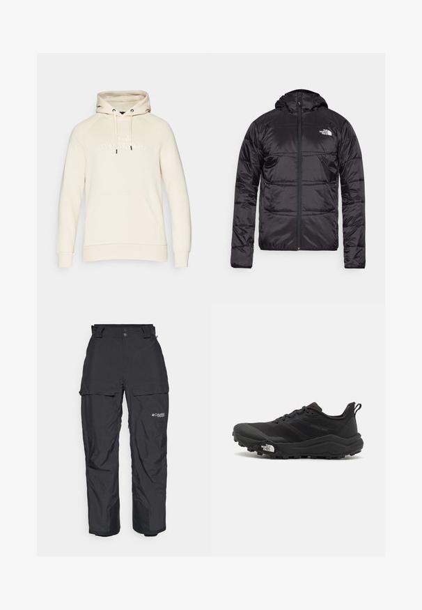 Black puffer jacket with a hood, quilted design, zipper closure, and the North Face logo on the left chest. Made from lightweight, shiny material.; Beige pullover hoodie with a drawstring hood, kangaroo pocket, and embossed "Peak Performance" logo on the front. Soft fabric texture.; Black waterproof outdoor pants featuring a relaxed fit, adjustable waistband, side cargo pockets, and reinforced ankle cuffs.; Black trail running shoe with a textured upper, rubber sole, and reinforced toe cap. Features a padded collar and pull tab for easy wear.