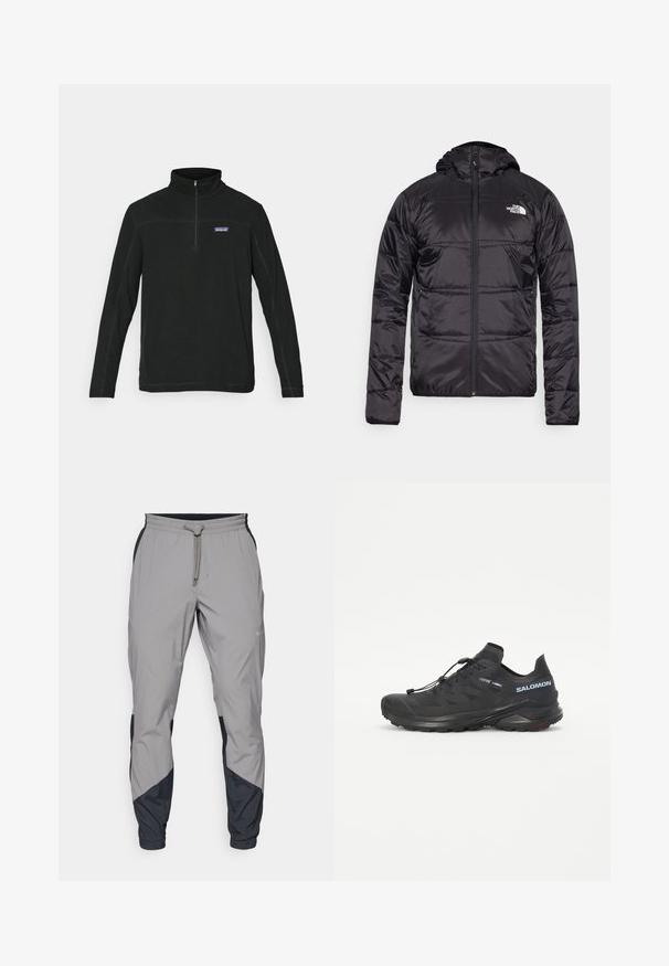 Črna puff jakna s kapuco, prešita zasnova, zadrga in logotip The North Face na levem prsnem delu. Narejena iz lahkega, sijočega materiala.; Črn pulover iz flisa z zapenjanjem na vratu, dolgimi rokavi, ravnimi šivi in logotipom na levi strani prsnega koša. Gladka tekstura, sproščen stil in vsestranska zasnova.; Lahki, sivi atletski hlače z črnimi dodatki. Elastika v pasu, zategovalna vrvica, oblikovana noga in stranske žepe.; Črne tekaške čevlje za terene z teksturiranim zgornjim delom, elastičnimi vezalkami in Contagrip podplatom. Imajo udoben prileganje in zaščitni kapica za prste.