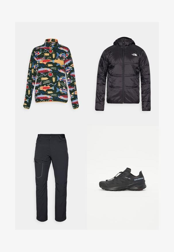 Schwarze Daunenjacke mit Kapuze, gestepptem Design, Reißverschluss und dem North Face-Logo auf der linken Brust. Hergestellt aus leichtem, glänzendem Material.; Langärmliger Fleece-Pullover mit farbenfrohem Fisch- und Seegras-Muster, Kragen mit Druckknöpfen und beige Brusttaschenklappe.; Schwarze Outdoor-Hosen mit einem Reißverschlusstaschen an den Oberschenkeln, elastischem Bund und glattem, wasserabweisendem Stoff. Sauberes Design ohne sichtbare Logos.; Schwarzer Trailschuh zum Laufen mit einer strukturierten Oberseite, elastischen Schnürsenkeln und Contagrip-Außensohle. Bietet eine eng anliegende Passform und eine schützende Zehenkappe.