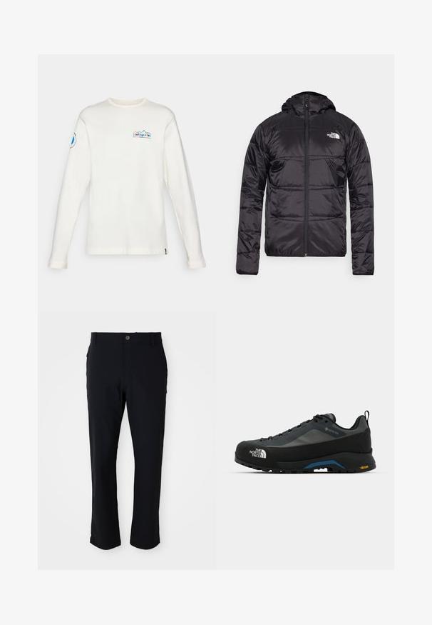 Černá pufrová bunda s kapucí, prošívaný design, zapínání na zip a logo North Face na levé části hrudi. Vyrobena z lehkého, lesklého materiálu.; Bílá dlouhá košile s rukávy vyrobená z měkké bavlny, s vícebarevným logem Patagonia na hrudi a kulatým logem na rukávu.; Černé kalhoty s knoflíkovým zapínáním, rovného střihu, hladké textury a bočními kapsami, vhodné pro různé příležitosti.; The North Face VERTO ALPINE GORE TEX - Trekingové boty - asphalt grey/tnf black