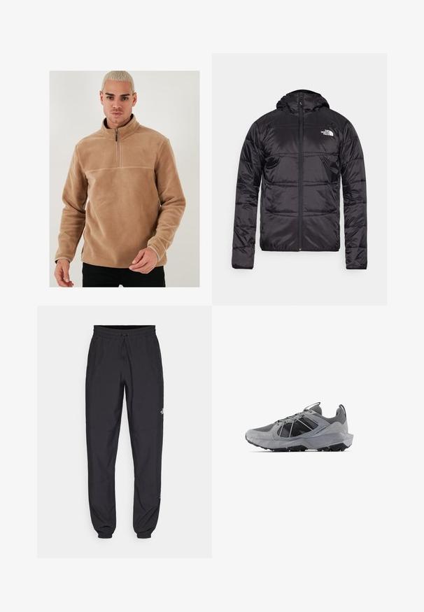 Schwarze Daunenjacke mit Kapuze, gestepptem Design, Reißverschluss und dem North Face-Logo auf der linken Brust. Hergestellt aus leichtem, glänzendem Material.; Beiger Fleece-Pullover mit einem halben Reißverschluss und langen Ärmeln. Er zeichnet sich durch eine glatte Textur und eine einfarbige Gestaltung ohne Muster oder Akzente aus.; Schwarze Sporthosen aus leichtem Stoff, mit einem Kordelzugbund, seitlichen Taschen und schmal zulaufenden Bündchen an den Knöcheln.; Grauer Sportschuh mit einem Obermaterial aus Mesh, strukturierten Akzenten, einer robusten Sohle und einem Schnürsystem. Auf der Seite befindet sich ein schwarzes Logo.