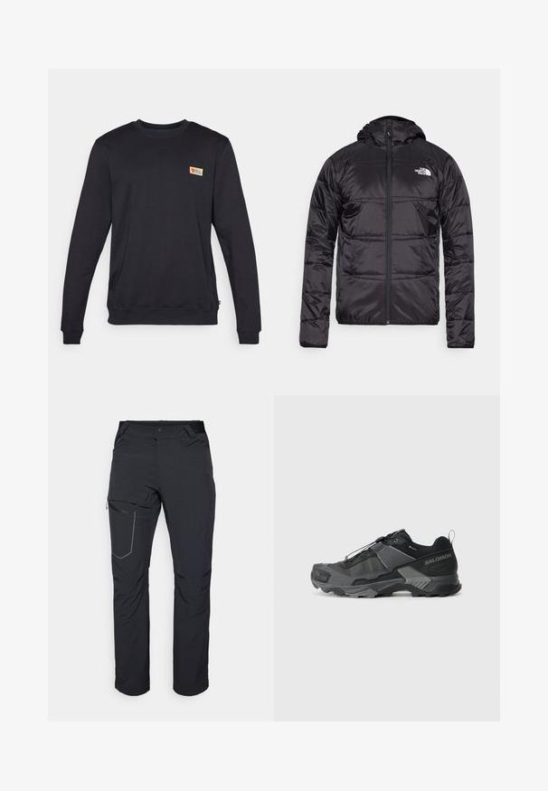 Fekete steppelt pehelykabát kapucnival, cipzáros záródással, a bal mellkason a North Face logóval. Könnyű, fényes anyagból készült.; Fekete kerek nyakú pulóver hosszú ujjal, puha anyagból készült. A bal felső mellrészen található egy kis, színes logó.; Fekete kültéri nadrág, cipzáras combzsebbel, rugalmas derékrésszel és sima, vízlepergető szövettel. Tiszta dizájn, látható logók nélkül.; Fekete terepfutó cipő tartós hálós felsőrésszel, megerősített orr résszel, texturált gumitalppal és rugalmas fűzőrendszerrel a biztonságos illeszkedés érdekében.