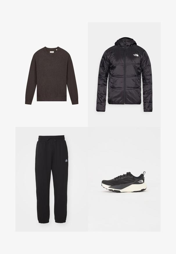 Schwarze Daunenjacke mit Kapuze, gestepptem Design, Reißverschluss und dem North Face-Logo auf der linken Brust. Hergestellt aus leichtem, glänzendem Material.; Die Generierung von Alternativtext ist fehlgeschlagen.; Schwarze Jogginghose aus weichem Stoff, mit einem elastischen Bund und Kordelzug, Bündchen an den Knöcheln und einem kleinen Logo am Oberschenkel.; Schwarzer Sportschuh mit strukturiertem Mesh-Obermaterial, komplett schwarzen Akzenten und leichter weißer Laufsohle. Verfügt über eine Schnürung und eine Zuglasche.