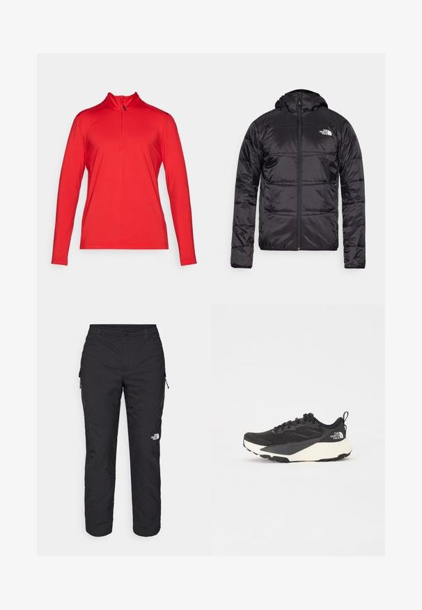 Zwarte pufferjack met een capuchon, gewatteerd ontwerp, ritsluiting en het North Face-logo op de linkerkant van de borst. Gemaakt van lichtgewicht, glanzend materiaal.; Rode sporttop met lange mouwen en een kwart ritssluiting, gemaakt van lichtgewicht materiaal, met een hoge kraag en platte naden voor comfort.; The North Face WINTER EXPLORATION TAPERED CARGO - Outdoorbroeken - black; Zwarte sportieve schoen met een gestructureerde mesh bovenkant, solide zwarte accenten en een lichte witte buitenzool. Voorzien van vetersluiting en een treklus.