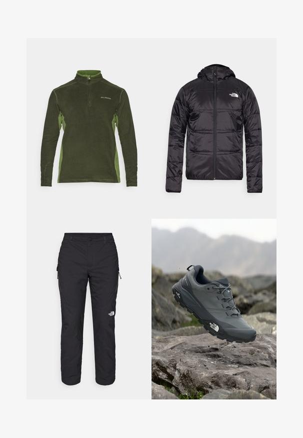 Mustat puffatakki, jossa on huppu, tikattu muotoilu, vetoketjusulku ja North Face -logo vasemmassa rinnassa. Valmistettu kevyestä, kiiltävästä materiaalista.; Vihreä fleece-takki, jossa on vetoketjulla varustettu kaulus, tummemmat vihreät sivupaneelit ja logo rinnassa. Pehmeä rakenne ja pitkät hihat.; The North Face WINTER EXPLORATION TAPERED CARGO - Ulkohousut - black; Harmaa polkujuoksukenkä, jossa on teksturoitu päällinen, kestävä kumipohja ja vahvistettu varvastoppa. Varustettu nauhoilla ja brändin logolla sivussa.