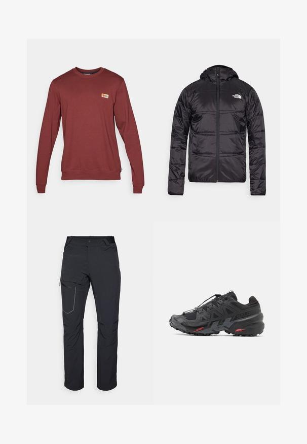 Black puffer jacket with a hood, quilted design, zipper closure, and the North Face logo on the left chest. Made from lightweight, shiny material.; Red long-sleeve sweatshirt made of cotton blend, featuring a ribbed neckline, cuffs, and a small logo patch on the chest.; Black outdoor pants featuring a zippered thigh pocket, elastic waistband, and smooth, water-resistant fabric. Clean design with no visible logos.; Black running shoe with synthetic upper, textured design, and contrasting red accents. Features a secured lace system and rugged outsole.