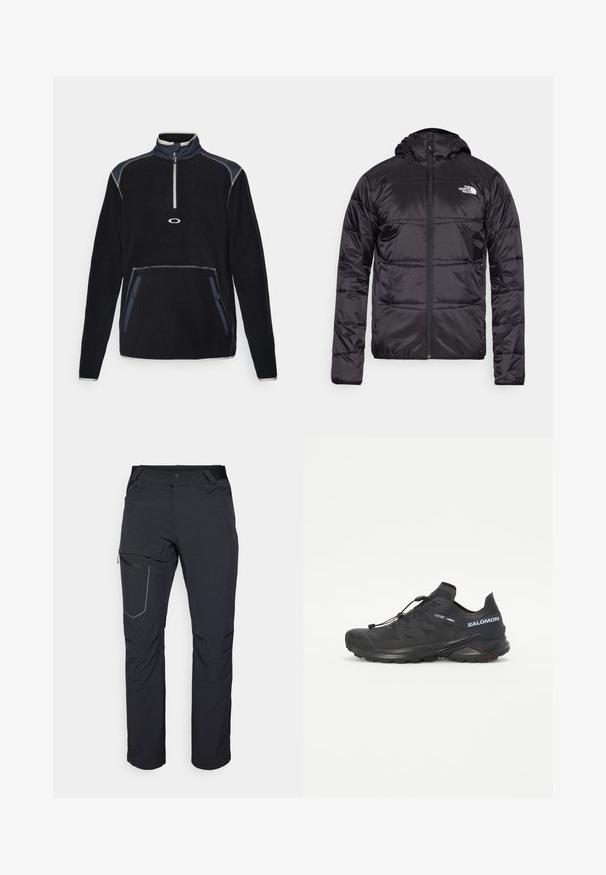Giubbotto a vento nero con cappuccio, design trapuntato, chiusura con zip e logo The North Face sul lato sinistro del petto. Realizzato in materiale leggero e lucido.; Pullover in felpa nero con colletto alto, zip frontale a metà, due tasche laterali e cuciture a contrasto in grigio e accenti blu navy.; Pantaloni neri da esterno con tasca a zip sulla coscia, cintura elastica e tessuto liscio, resistente all'acqua. Design pulito senza loghi visibili.; Scarpa da trail running nera con tomaia strutturata, lacci elastici e suola Contagrip. Offre una vestibilità aderente e una protezione per le dita.