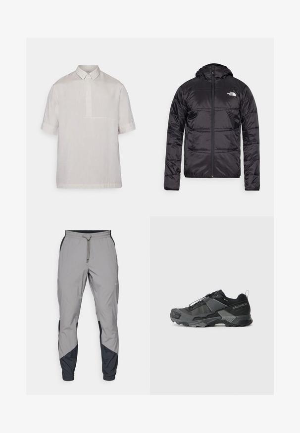 Černá pufrová bunda s kapucí, prošívaný design, zapínání na zip a logo North Face na levé části hrudi. Vyrobena z lehkého, lesklého materiálu.; Košile s krátkým rukávem a límečkem ve světle béžovém lněném materiálu. Má částečné zapínání na knoflíky a jemnou texturu. Čistý, minimalistický design.; Lehké šedé sportovní kalhoty s černými detaily. Elastický pas, stahovací šňůrka, tapered nohavice a boční kapsy.; Černá trailová běžecká bota s odolným síťovaným svrškem, vyztuženou špičkou, texturovanou gumovou podrážkou a elastickým šněrovacím systémem pro bezpečné uchycení.