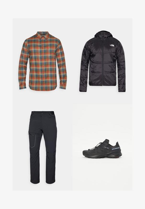 Čierna prešívaná bunda s kapucňou, s oceľovým zapínaním a logom North Face na ľavom prsníku. Vyrobená z ľahkého, lesklého materiálu.; Fjällräven LAPPLAND STRETCH FLANNEL SHIRT M - Košeľa - laurel green/autumn leaf; Čierne vonkajšie nohavice s vreckom na stehne so zipsom, elastickým pásom a hladkým, vodoodolným materiálom. Čistý dizajn bez viditeľných log. ; Čierna trailová bežecká obuv s textúrovaným vrškom, elastickými šnúrkami a podrážkou Contagrip. Obsahuje tesný strih a ochrannú špicu.