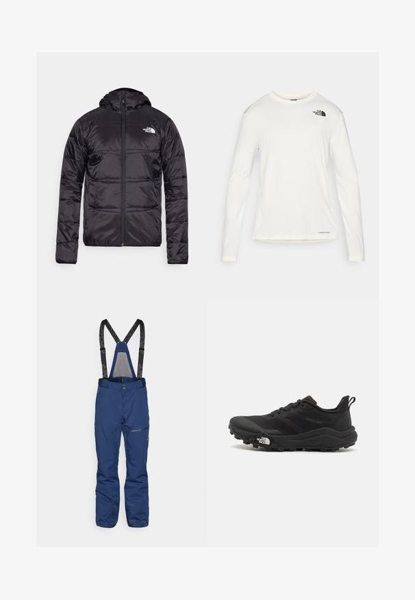 Zwarte pufferjack met een capuchon, gewatteerd ontwerp, ritsluiting en het North Face-logo op de linkerkant van de borst. Gemaakt van lichtgewicht, glanzend materiaal.; Witte overhemd met lange mouwen en een ronde hals, geweven stof, zwart logo op de linker schouder, en subtiele branding aan de onderkant.; Marineblauwe skibroek met verstelbare zwarte bretels, voorzak met rits, versterkte manchetten en een gladde textuur.; Zwarte trailrunning schoen met een gestructureerde bovenkant, rubberen zool en versterkte neus. Voorzien van een gevoerde kraag en een trekhaak voor eenvoudig aan- en uittrekken.