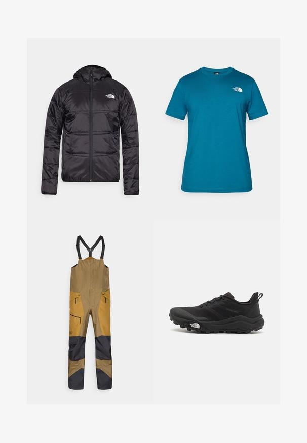 Black puffer jacket with a hood, quilted design, zipper closure, and the North Face logo on the left chest. Made from lightweight, shiny material.; Teal short-sleeve t-shirt made of soft cotton, featuring a white logo printed on the left chest and a classic crew neck design.; Brown and black bib overalls with adjustable black shoulder straps and zippered pockets, designed for outdoor or work use.; Black trail running shoe with a textured upper, rubber sole, and reinforced toe cap. Features a padded collar and pull tab for easy wear.