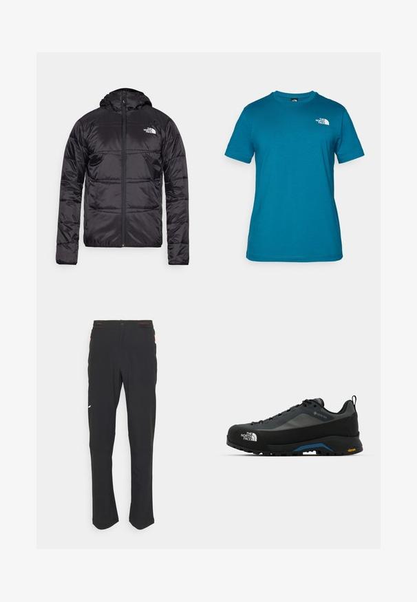 Melnā pūkšķu jaka ar kapuci, ar izšūtu dizainu, ar rāvējslēdzēja aizdari un North Face logotipu uz kreisā krūškurvja. Izgatavota no viegla, spīdīga materiāla.; Tirkīza krāsa īsām piedurknēm T-kreklam, kas izgatavots no mīksta kokvilnas, ar baltu logo, kas drukāts kreisajā krūšu pusē, un klasisku apaļu kakla dizainu.; Melni sporta bikses, izgatavotas no viegla auduma, ar pieguļošu jostu, taisnām kājām un mazu baltu logotipu kreisajā augšstilbā.; The North Face VERTO ALPINE GORE TEX - Pārgājienu apavi - asphalt grey/tnf black