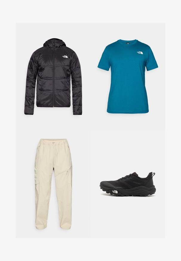 Casaco puffer preto com capuz, design acolchoado, encerramento com fecho zip e o logótipo da North Face no lado esquerdo do peito. Feito de material leve e brilhante.; T-shirt de manga curta em teal, feito de algodão macio, com um logótipo branco impresso no lado esquerdo do peito e um design clássico de gola redonda.; Calças de carga leves em bege, com uma cintura elástica, bolsos laterais com fecho e um design de perna afunilada para um ajuste descontraído.; Sapatilha de trail running preta com um upper texturizado, sola de borracha e biqueira reforçada. Possui um colarinho acolchoado e uma alça para facilitar o calçar.