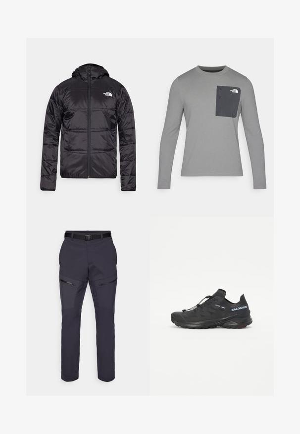 Svart puffjacka med huva, kviltad design, dragkedjestängning och North Face-logga på vänster bröst. Tillverkad av lätt, glänsande material.; Långärmad grå skjorta i texturerad tyg, med en mörkgrå bröstficka och dragkedjestängning. Logotyp på fickan i vitt.; Mörkblå utomhusbyxor med slim fit, har dragkedjefickor, förstärkta knän och justerbart midjeband. Lättviktsmaterial.; Svart terränglöparskor med en texturerad överdel, elastiska snören och Contagrip-sula. Har en snug passform och skyddande tåkappa.