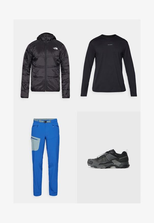 Črna puff jakna s kapuco, prešita zasnova, zadrga in logotip The North Face na levem prsnem delu. Narejena iz lahkega, sijočega materiala.; Črna dolgoročna majica s longsleeve z okroglim izrezom, narejena iz gladkega blaga. Ima diskretno šivanje in majhen logotip na prsih.; Modre zunanje hlače z svetlo sivo naglavno žepom, opremljene z žepi na zadrgo, nastavljivim pasom in zoženimi nogami.; Črne trail tekaške čevlje z vzdržljivim mrežastim zgornjim delom, ojačano zaščito prstov, teksturiranim gumijastim podplatom in elastičnim sistemom vezalk za varen oprijem.